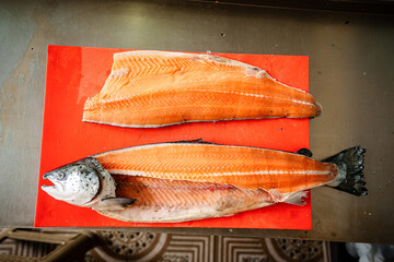 Salmon Filleting Process &ndash; Chef Cutting Fresh Salmon Fish for Cooking Preparation