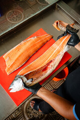 Salmon Filleting Process &ndash; Chef Cutting Fresh Salmon Fish for Cooking Preparation