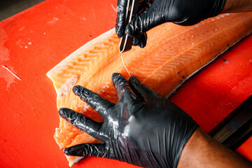 Salmon Filleting Process &ndash; Chef Cutting Fresh Salmon Fish for Cooking Preparation