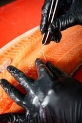 Salmon Filleting Process &ndash; Chef Cutting Fresh Salmon Fish for Cooking Preparation