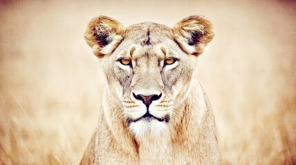 Obraz premium ferocity. Lioness with a focused gaze and detailed fur, bathed in golden savanna light with a natural habitat backdrop. wildlife magazines.