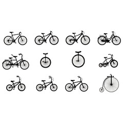 Collection of Diverse Bicycle Silhouettes Including Tandem, Unicycle, Penny Farthing, and Modern Styles