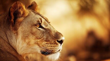 ferocity. Lioness with a focused gaze and detailed fur, bathed in golden savanna light with a natural habitat backdrop. wildlife magazines.