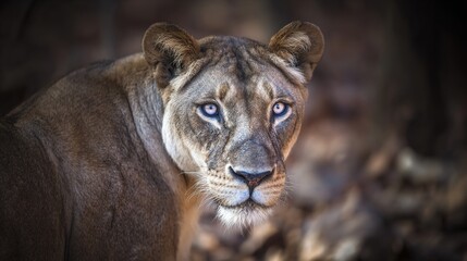 Naklejka premium ferocity. Lioness with a focused gaze and detailed fur, bathed in golden savanna light with a natural habitat backdrop. wildlife magazines.