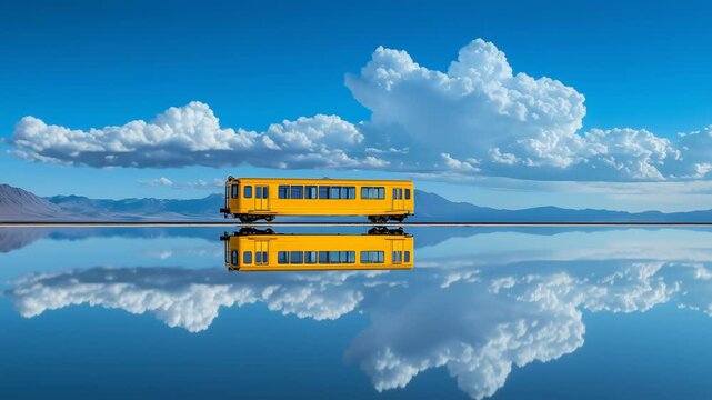 鏡面に映り込む黄色い列車の姿