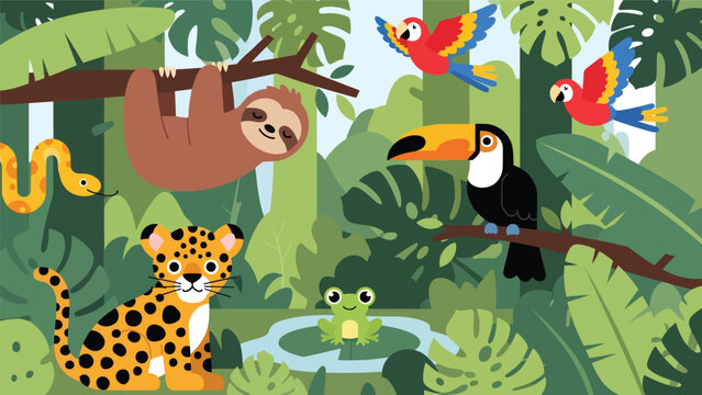 Flat cute kids vector rainforest scene with sloth, toucan, jaguar cub, parrots, and tree frog surrounded by large tropical leaves. Ideal for playful educational content