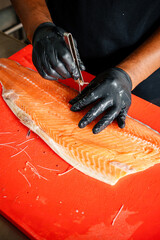 Salmon Filleting Process &ndash; Chef Cutting Fresh Salmon Fish for Cooking Preparation