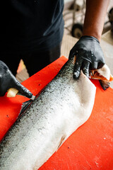Salmon Filleting Process &ndash; Chef Cutting Fresh Salmon Fish for Cooking Preparation
