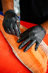 Salmon Filleting Process &ndash; Chef Cutting Fresh Salmon Fish for Cooking Preparation