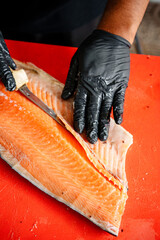 Salmon Filleting Process &ndash; Chef Cutting Fresh Salmon Fish for Cooking Preparation