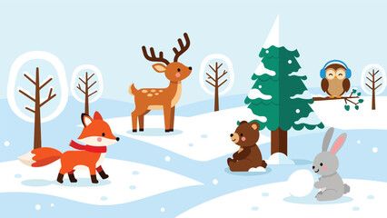 Flat cute kids vector winter woodland scene with fox in scarf, deer, bear cub, rabbit, and owl in snow. Ideal for seasonal kids illustrations and educational content © Amie