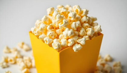 Close up of crispy popcorn in a yellow popcorn box on a white background.