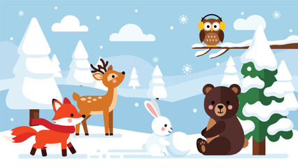 Flat cute kids vector winter woodland scene with fox in scarf, deer, bear cub, rabbit, and owl in snow. Ideal for seasonal kids illustrations and educational content © Amie