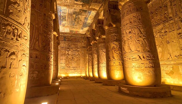 Ancient temple hall with hieroglyphic-covered pillars, illuminated by warm light, showcasing aged ceiling art and textured walls