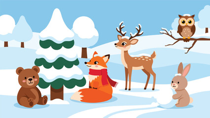 Flat cute kids vector winter woodland scene with fox in scarf, deer, bear cub, rabbit, and owl in snow. Ideal for seasonal kids illustrations and educational content © Amie