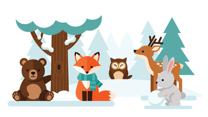 Flat cute kids vector winter woodland scene with fox in scarf, deer, bear cub, rabbit, and owl in snow. Ideal for seasonal kids illustrations and educational content © Amie