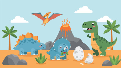 Flat style cute kids vector with friendly dinosaurs like T-Rex, stegosaurus, triceratops, and baby pterodactyl in volcano valley. Ideal for preschool and themed kids content © Amie