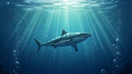 Fototapeta premium Underwater Encounter A Majestic Shark Glides Through the Deep Ocean Depths