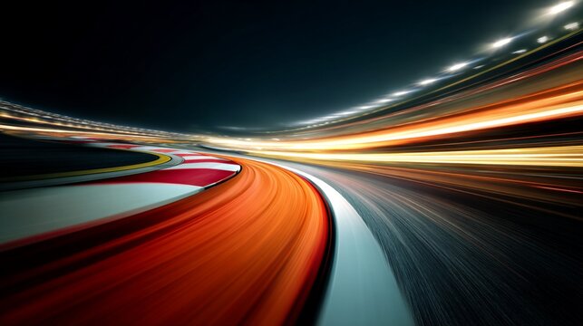 A vibrant, dynamic view of a racing track at night, showcasing blurred motion lines and colorful elements that depict speed and energy in motorsport environments.