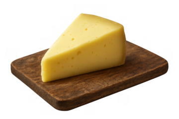 Yellow triangle cheese wedge sitting on a wooden cutting board, gourmet dairy snack, transparent background