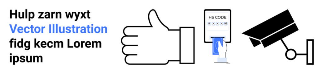 Data security, privacy, surveillance, approval, technology integration, digital access. A thumbs-up hand, QR code on a smartphone and a surveillance camera. Data security and privacy