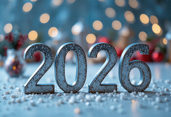 Metal numbers 2026 on a white table with Christmas decorations and bokeh lights. Happy New Year 2026 is coming concept.