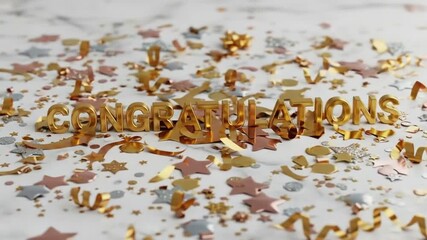 A celebratory confetti rain featuring gold 3D congratulations text against a marble surface