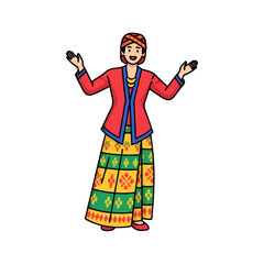 Traditional Indonesian Man Wearing Red Jacket and Batik Sarong with Colorful Pattern, Welcoming Gesture, Illustration