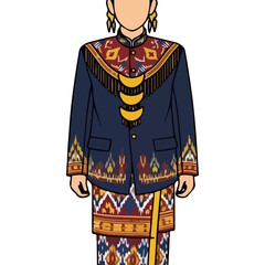 Traditional Indonesian Man's Attire Featuring Intricate Geometric Patterns and Ornate Jacket with Lunar Ornaments