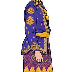 Traditional Indonesian Man Wearing Royal Blue Batik Attire with Intricate Gold Embroidery and Patterns