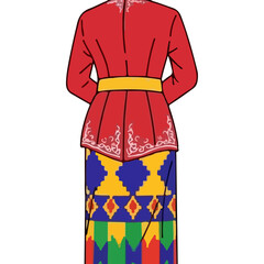 Traditional Indonesian Traditional Red Jacket and Sarong with Geometric Patterns and Ornamental Details Standing Back View
