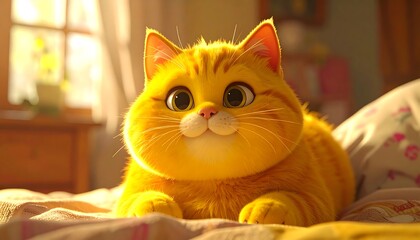 Animated orange tabby cat lying happily on bed, basking in soft, diffused light of a sunny room