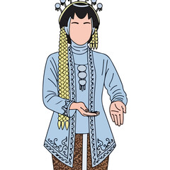 Traditional Indonesian Woman in Blue Kebaya and Batik Sarong Performing a Graceful Hand Gesture, Cultural Attire Illustration