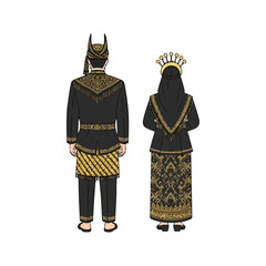 Traditional Indonesian Wedding Couple in Traditional Black and Gold Attire Seen From Behind