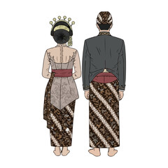 Traditional Javanese Wedding Attire for Bride and Groom Viewed from the Back in Authentic Batik Clothing