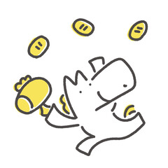 打ち出の小槌を持って走る笑顔の白馬キャラクターと小判　正月素材