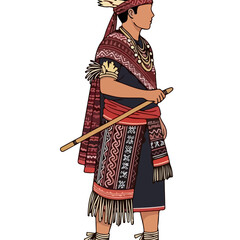 Traditional Indigenous Man in Ceremonial Attire Holding a Wooden Staff with Intricate Patterns and Feathers