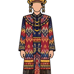 Traditional Indonesian Attire Featuring Intricate Geometric Patterns and Vibrant Colors, Cultural Garb Illustration