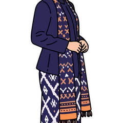 Traditional Indonesian Kebaya and Batik Sarong with Scarf, Elegant Cultural Attire, Formal Ethnic Outfit Illustration