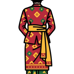 Traditional Indonesian Batik Man Wearing Richly Patterned Red Clothing and Yellow Sash Standing Back View Illustration