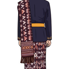 Traditional Indonesian Man Wearing Dark Blue Jacket Batik Sarong and Patterned Scarf Waist Sash