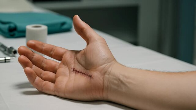 A close-up view of an outstretched hand resting on a medical table shows a fresh stitched surgical incision along the palm, captured in a clean clinical setting.
