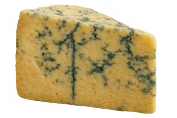 Wedge of blue cheese with mold veins on a transparent background, savory dairy food for gourmet cooking and appetizers