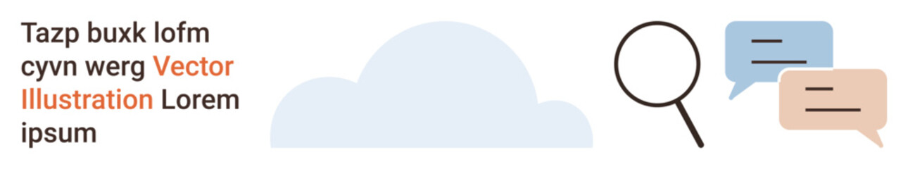 Online communication, data search, cloud computing, digital analysis, messaging, collaboration. Cloud with magnifying glass and speech bubbles. Data search and online communication concept