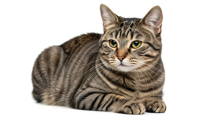 Obraz premium A Brown Tabby Cat with Green Eyes Resting Comfortably on a White Background