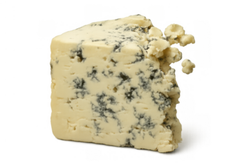 Wedge of blue cheese with mold showing creamy yellow paste and characteristic blue-green veins, dissolving slightly