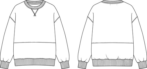 Technical Flat Drawing Vector Illustration of Women's Oversized Sweatshirt with Raglan Sleeves, V-Stitch Detail, Ribbed Cuffs and Hem, Cad Template for Athleisure Apparel Design. © MstMajeda