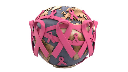 3D globe wrapped with pink breast cancer awareness ribbons representing global support and cancer prevention campaigns
