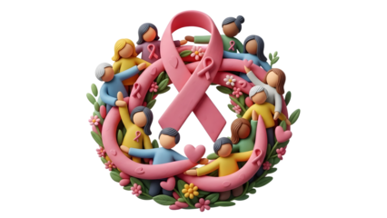 3D illustration of diverse people holding hands forming a circle with a large pink ribbon in the center symbolizing breast cancer awareness and support