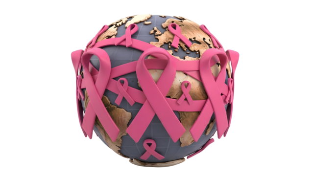 3D globe wrapped with pink breast cancer awareness ribbons representing global support and cancer prevention campaigns